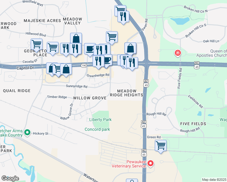 map of restaurants, bars, coffee shops, grocery stores, and more near 294 Meadowcreek Drive in Pewaukee