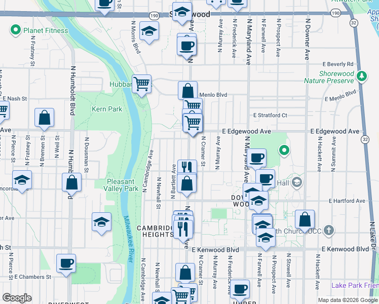 map of restaurants, bars, coffee shops, grocery stores, and more near 3421 North Oakland Avenue in Milwaukee