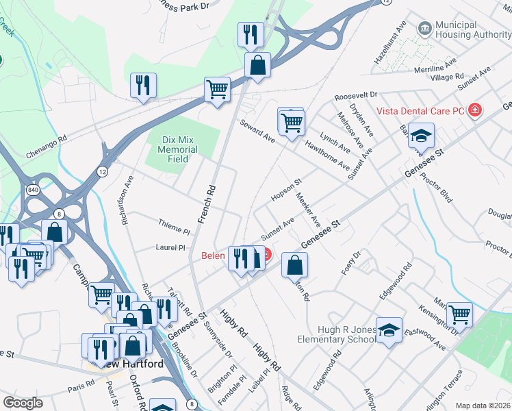 map of restaurants, bars, coffee shops, grocery stores, and more near 111 Collier Place in Utica