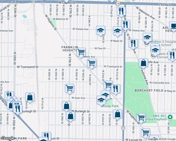 map of restaurants, bars, coffee shops, grocery stores, and more near 3339 North 24th Place in Milwaukee