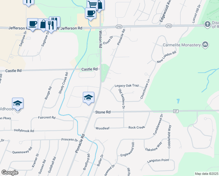 map of restaurants, bars, coffee shops, grocery stores, and more near 8 Legacy Oak Trail in Pittsford