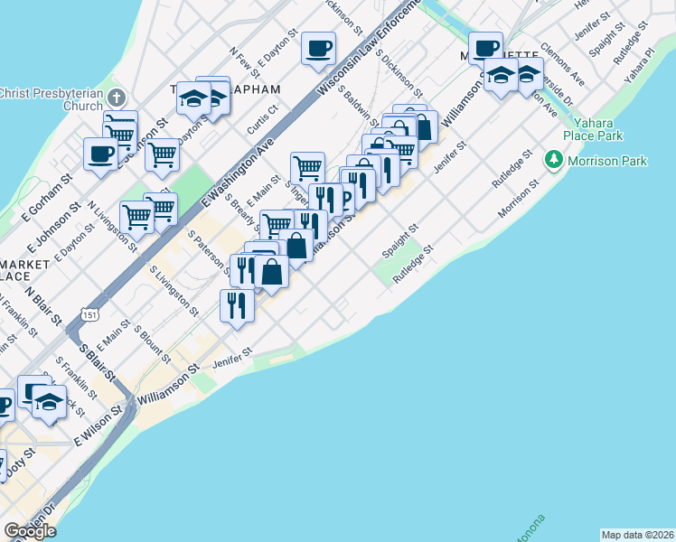 map of restaurants, bars, coffee shops, grocery stores, and more near 1029 Jenifer Street in Madison