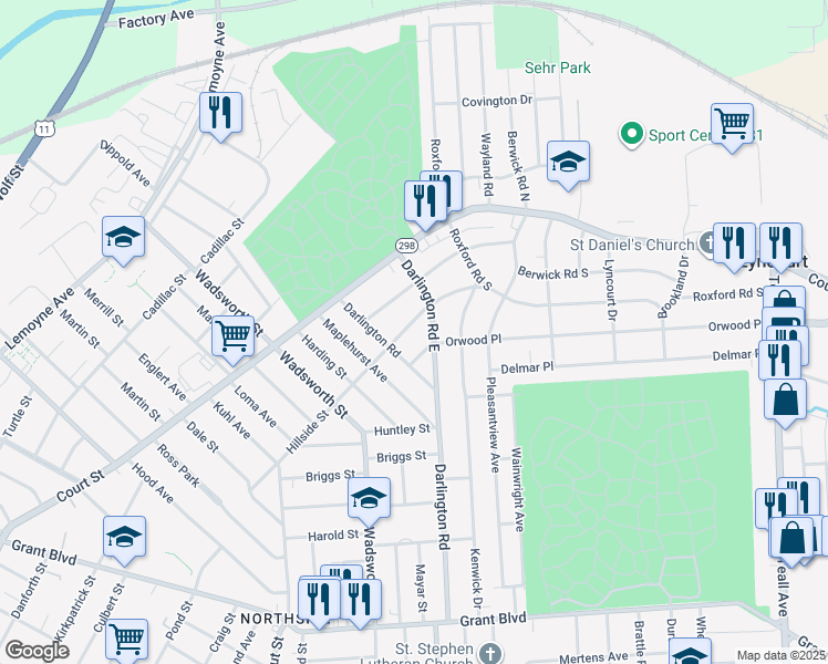 map of restaurants, bars, coffee shops, grocery stores, and more near 108 Orwood Place in Syracuse