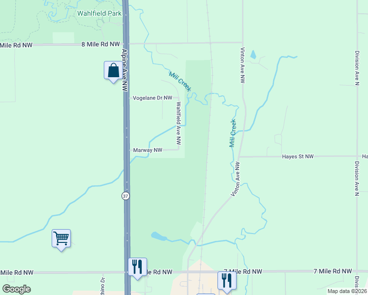 map of restaurants, bars, coffee shops, grocery stores, and more near 600 Marway Northwest in Comstock Park