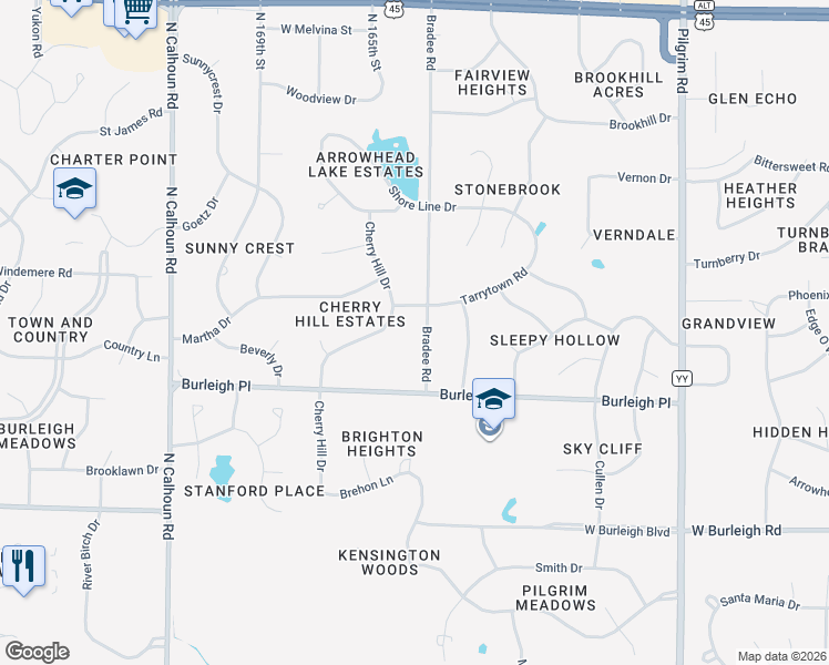 map of restaurants, bars, coffee shops, grocery stores, and more near 3355 Bradee Road in Brookfield