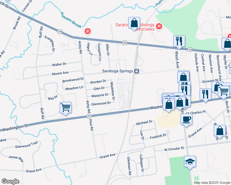 map of restaurants, bars, coffee shops, grocery stores, and more near 18 Glenwood Drive in Saratoga Springs