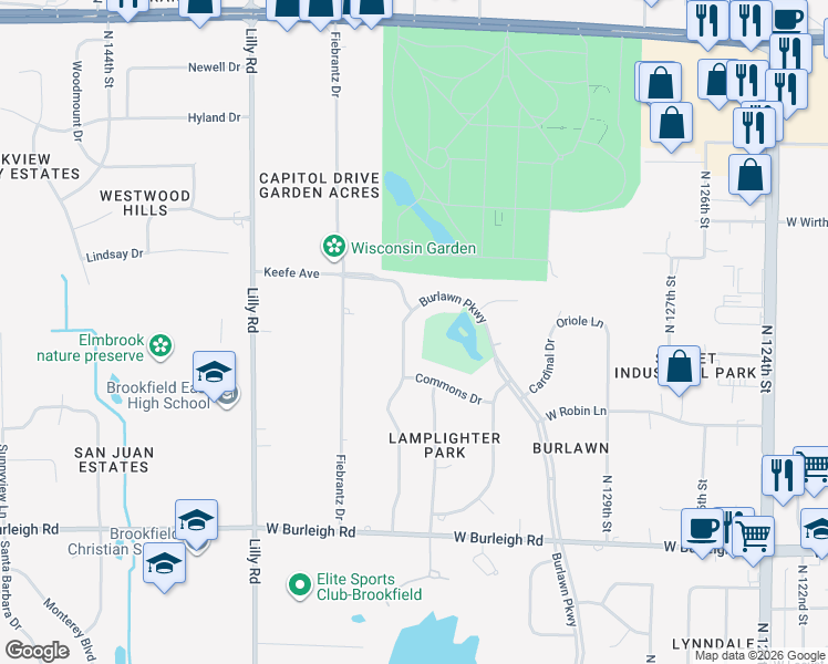 map of restaurants, bars, coffee shops, grocery stores, and more near 3370 Parkside Drive in Brookfield
