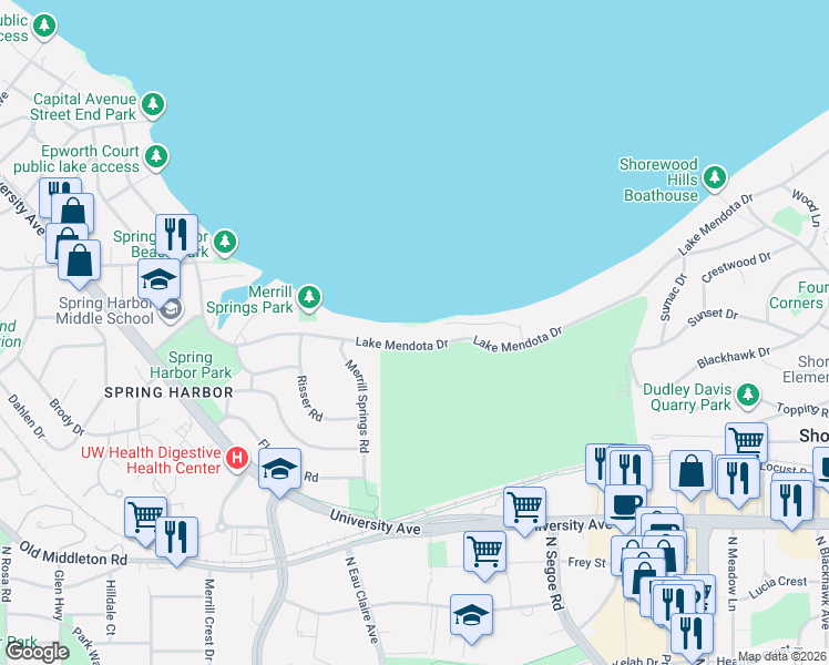map of restaurants, bars, coffee shops, grocery stores, and more near 5001 Lake Mendota Drive in Madison