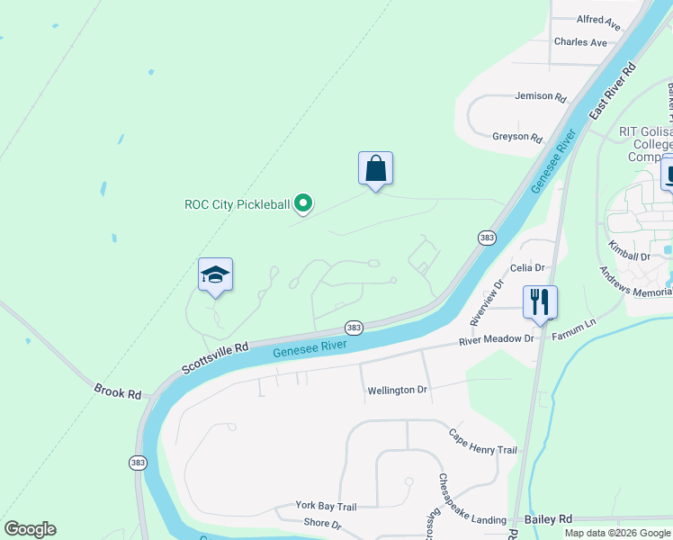 map of restaurants, bars, coffee shops, grocery stores, and more near 28 Great Meadow Circle in Rochester