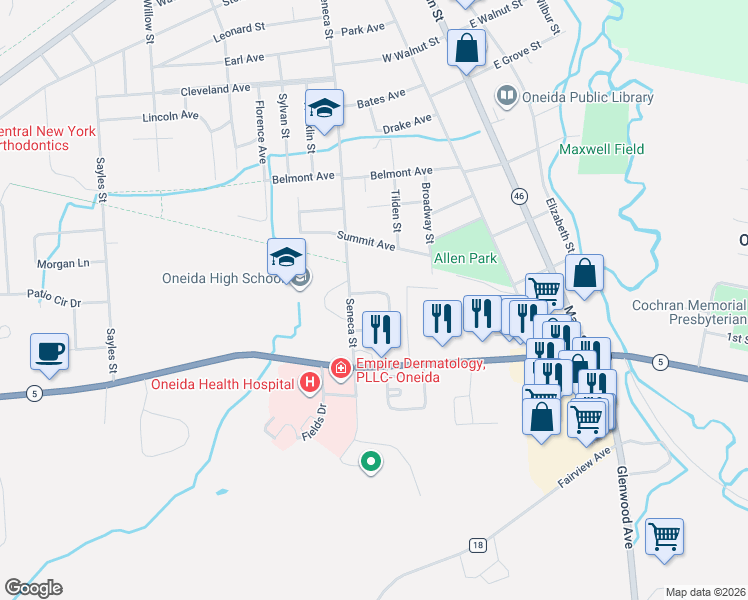 map of restaurants, bars, coffee shops, grocery stores, and more near 225 Maple Drive in Oneida