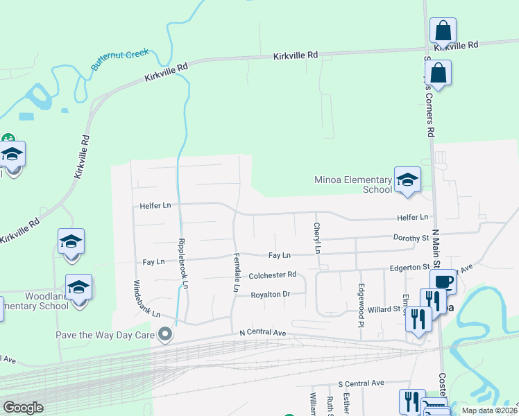 map of restaurants, bars, coffee shops, grocery stores, and more near 102 Boxwood Lane in Minoa