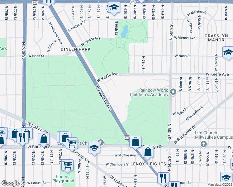 map of restaurants, bars, coffee shops, grocery stores, and more near 6700 West Appleton Avenue in Milwaukee