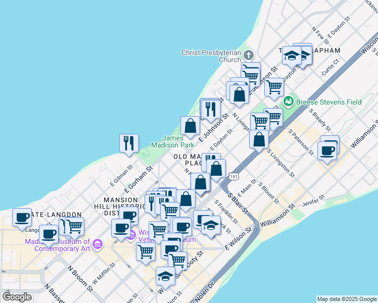 map of restaurants, bars, coffee shops, grocery stores, and more near East Johnson Street & North Blair Street in Madison