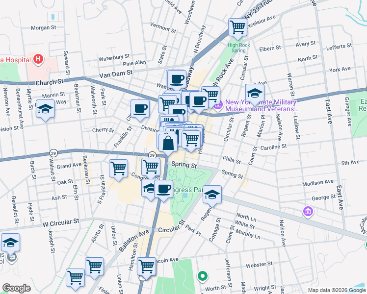 map of restaurants, bars, coffee shops, grocery stores, and more near 33 Phila Street in Saratoga Springs