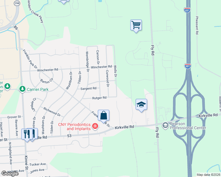 map of restaurants, bars, coffee shops, grocery stores, and more near 6601 Rutger Road in East Syracuse