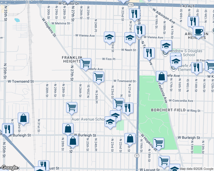 map of restaurants, bars, coffee shops, grocery stores, and more near 3342 North 24th Street in Milwaukee