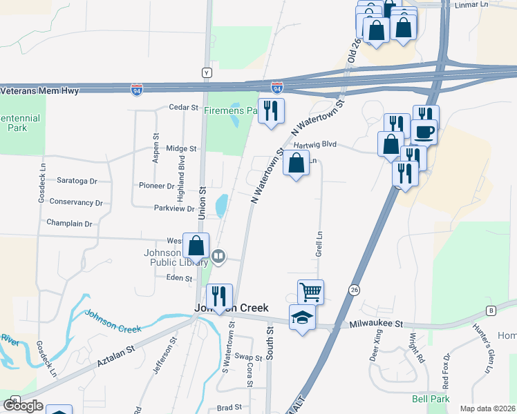 map of restaurants, bars, coffee shops, grocery stores, and more near 229 North Watertown Street in Johnson Creek