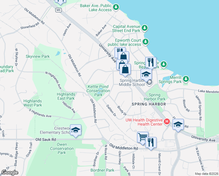 map of restaurants, bars, coffee shops, grocery stores, and more near 1114 Temkin Avenue in Madison