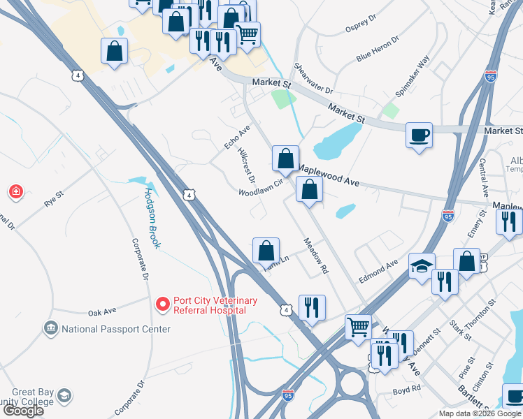 map of restaurants, bars, coffee shops, grocery stores, and more near 75 Longmeadow Lane in Portsmouth