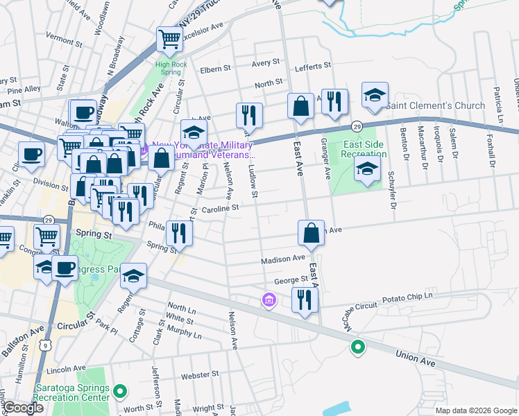 map of restaurants, bars, coffee shops, grocery stores, and more near 67 Ludlow Street in Saratoga Springs