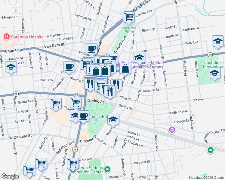 map of restaurants, bars, coffee shops, grocery stores, and more near 74 Phila Street in Saratoga Springs