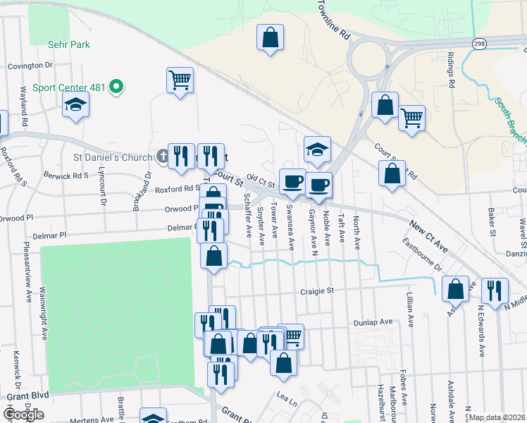 map of restaurants, bars, coffee shops, grocery stores, and more near 409 Snyder Avenue in Syracuse