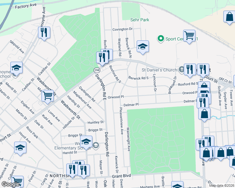 map of restaurants, bars, coffee shops, grocery stores, and more near 414 Kenwick Drive in Syracuse
