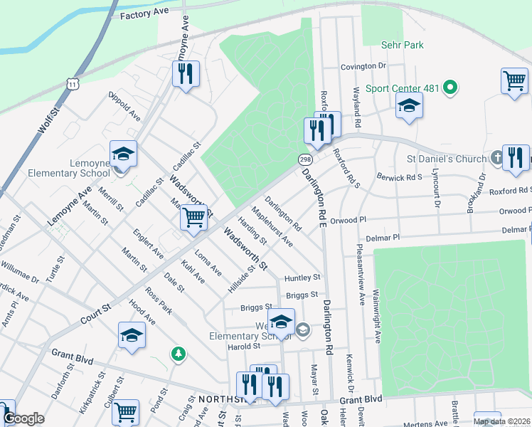 map of restaurants, bars, coffee shops, grocery stores, and more near 221-23 Maplehurst Avenue in Syracuse