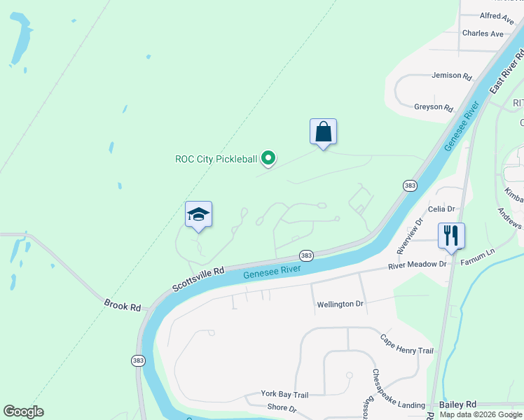 map of restaurants, bars, coffee shops, grocery stores, and more near 47 Overview Circle in Rochester