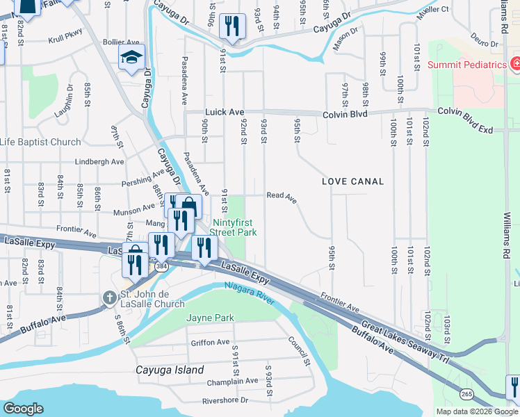 map of restaurants, bars, coffee shops, grocery stores, and more near 622 93rd Street in Niagara Falls