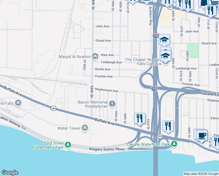 map of restaurants, bars, coffee shops, grocery stores, and more near 205 58th Street in Niagara Falls