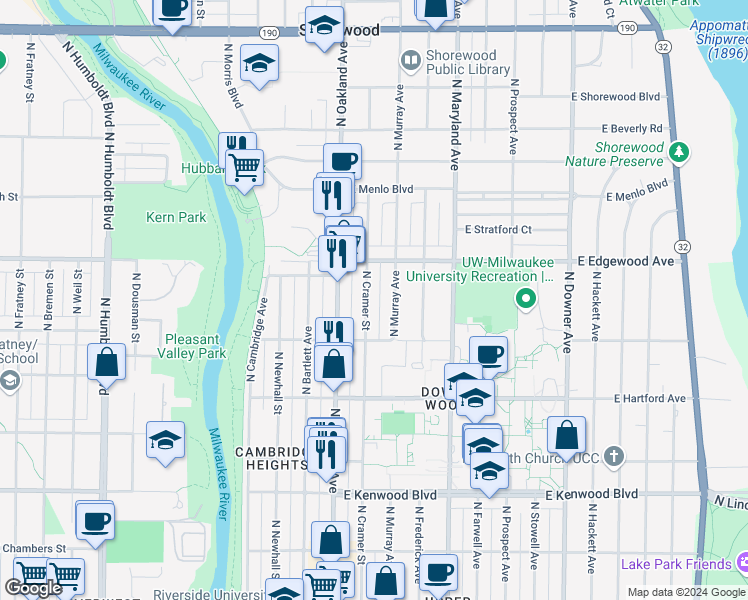 map of restaurants, bars, coffee shops, grocery stores, and more near 3423 North Cramer Street in Milwaukee