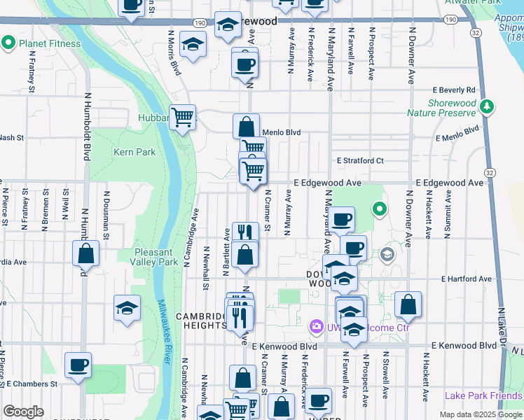 map of restaurants, bars, coffee shops, grocery stores, and more near 3423 North Cramer Street in Milwaukee