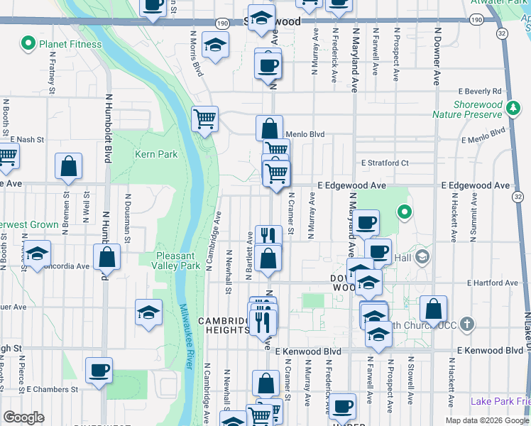 map of restaurants, bars, coffee shops, grocery stores, and more near 3421 North Oakland Avenue in Milwaukee