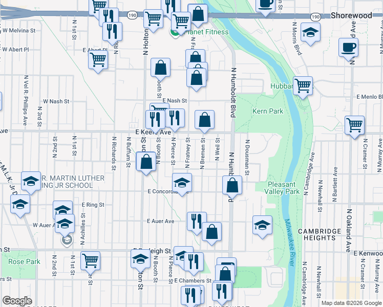 map of restaurants, bars, coffee shops, grocery stores, and more near 732 East Townsend Street in Milwaukee