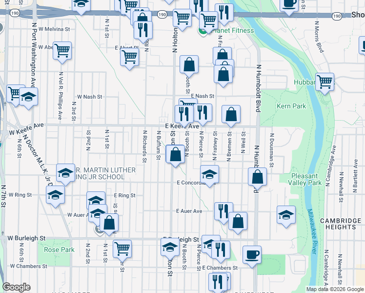map of restaurants, bars, coffee shops, grocery stores, and more near 3372 North Holton Street in Milwaukee