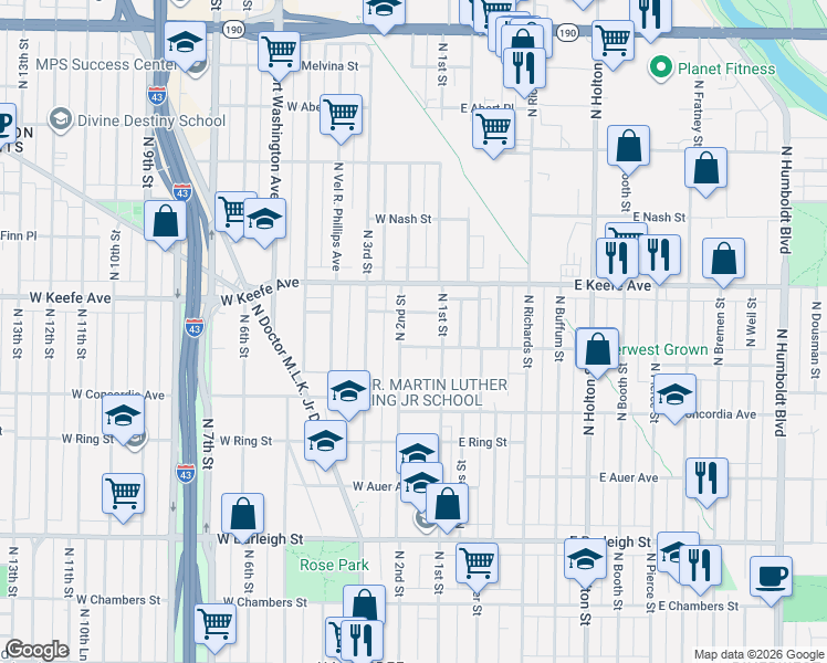map of restaurants, bars, coffee shops, grocery stores, and more near 3374 North 2nd Street in Milwaukee
