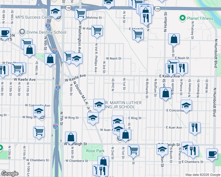 map of restaurants, bars, coffee shops, grocery stores, and more near 3350 North 3rd Street in Milwaukee