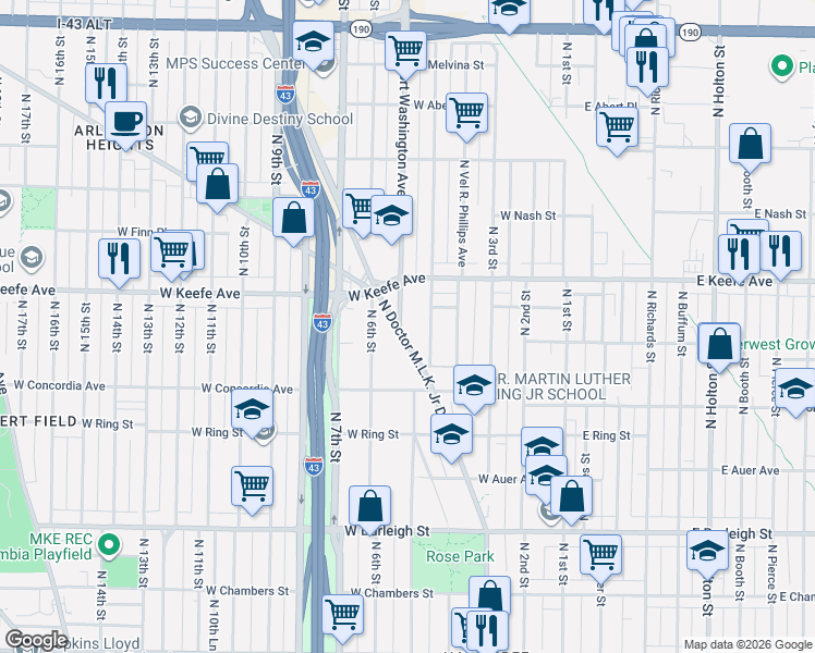 map of restaurants, bars, coffee shops, grocery stores, and more near 3356 North Doctor Martin Luther King Junior Drive in Milwaukee