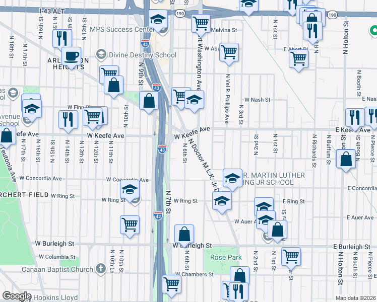 map of restaurants, bars, coffee shops, grocery stores, and more near in Milwaukee