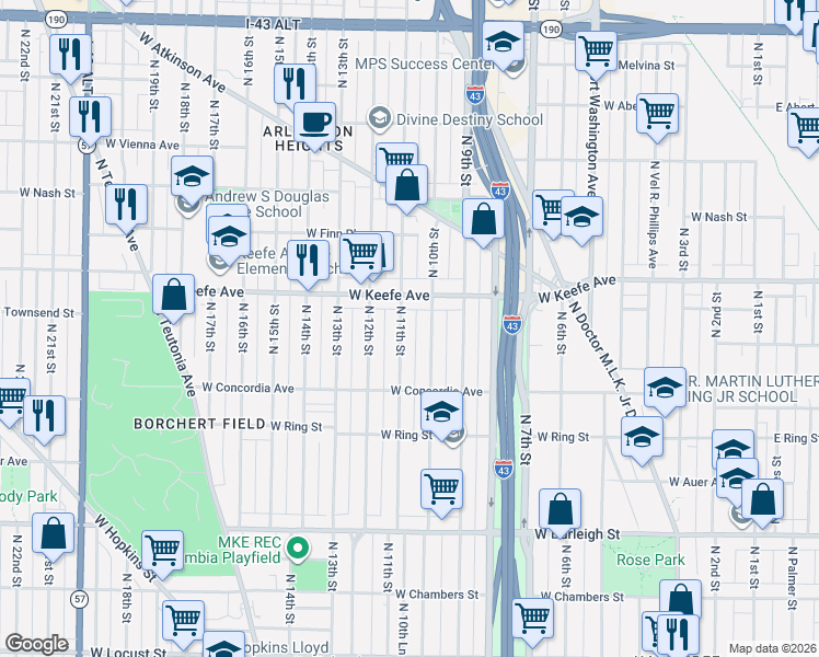 map of restaurants, bars, coffee shops, grocery stores, and more near 3345 North 10th Street in Milwaukee