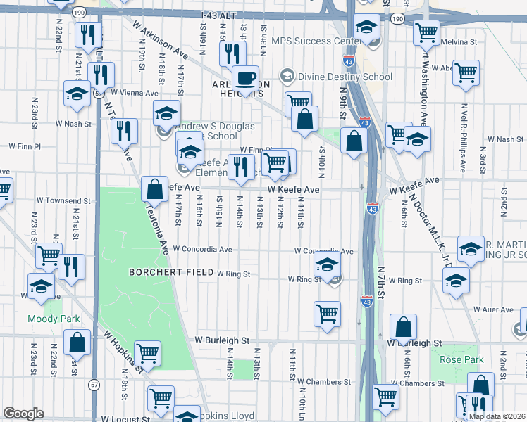 map of restaurants, bars, coffee shops, grocery stores, and more near 3346 North 13th Street in Milwaukee