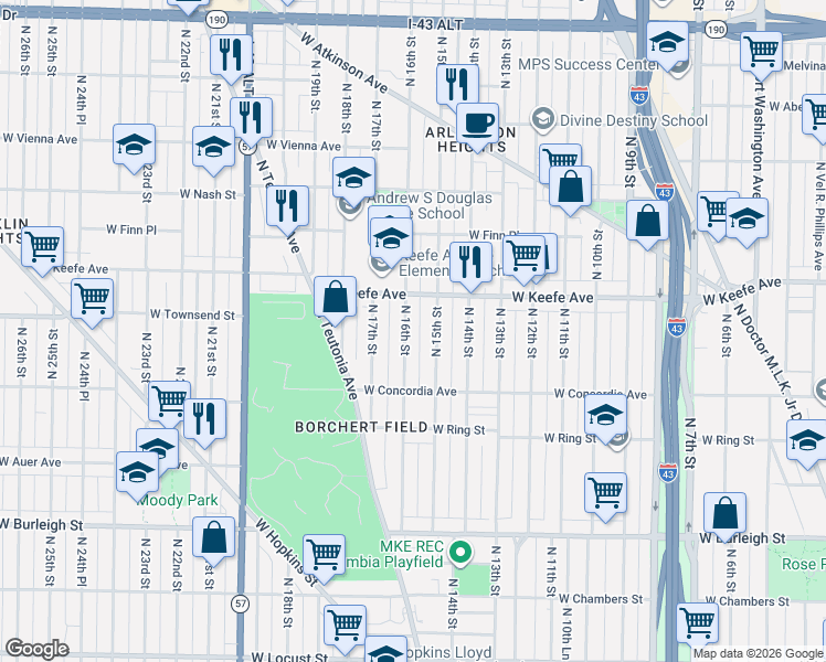 map of restaurants, bars, coffee shops, grocery stores, and more near 3343 North 15th Street in Milwaukee