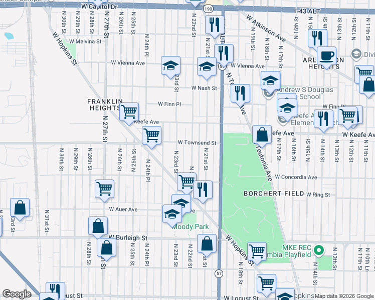 map of restaurants, bars, coffee shops, grocery stores, and more near 3350 North 23rd Street in Milwaukee