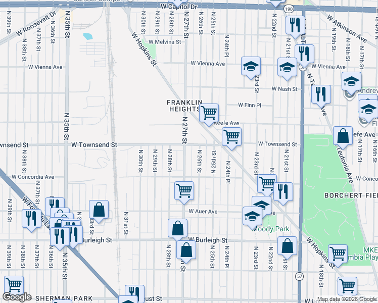 map of restaurants, bars, coffee shops, grocery stores, and more near 3339-3341 North 26th Street in Milwaukee