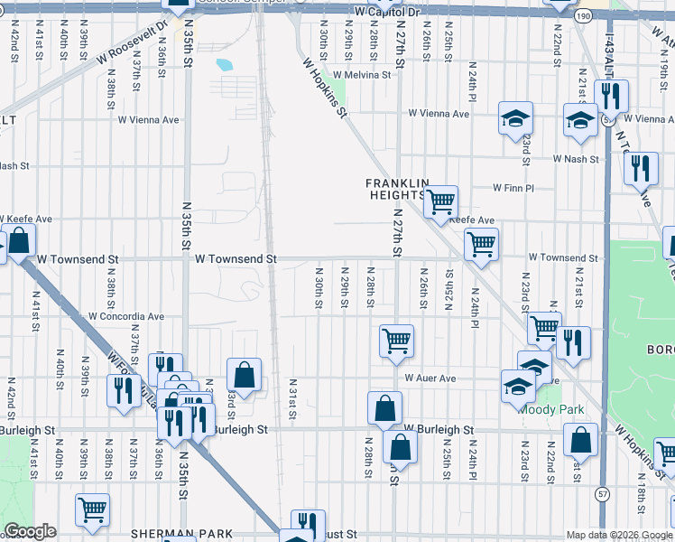 map of restaurants, bars, coffee shops, grocery stores, and more near 3336A North 29th Street in Milwaukee