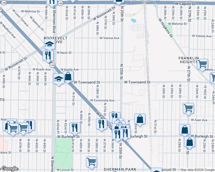 map of restaurants, bars, coffee shops, grocery stores, and more near 3337 North 37th Street in Milwaukee