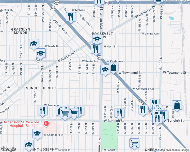 map of restaurants, bars, coffee shops, grocery stores, and more near 3341 North 44th Street in Milwaukee