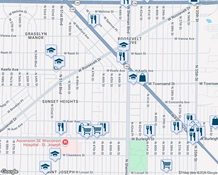 map of restaurants, bars, coffee shops, grocery stores, and more near 3334 North 46th Street in Milwaukee