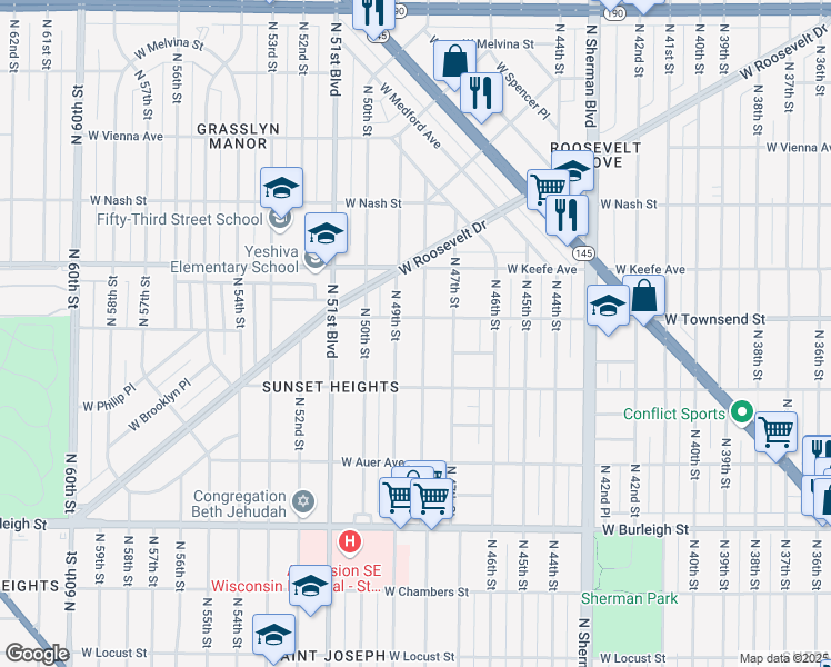 map of restaurants, bars, coffee shops, grocery stores, and more near 3336 North 48th Street in Milwaukee